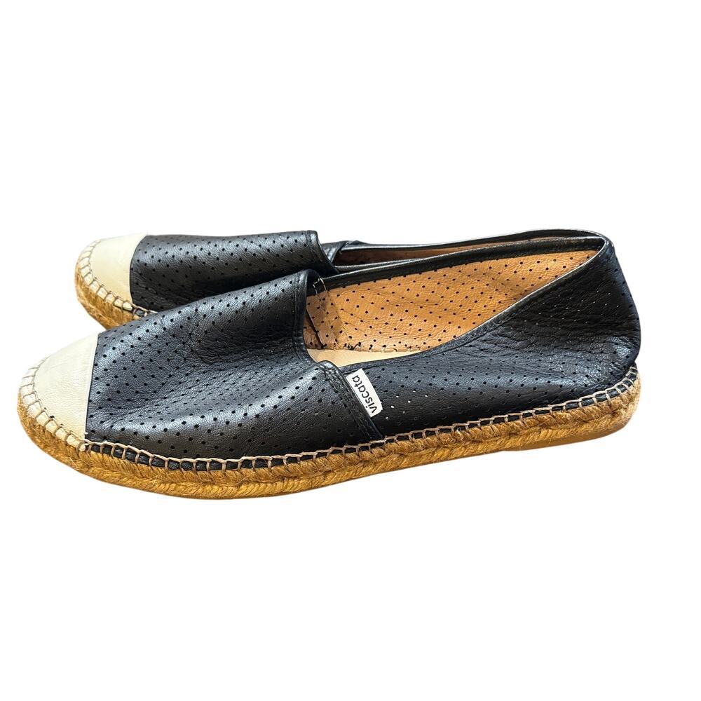 Viscata Barcelona Espadrille Flats Women 40 Black Leather Cap Toe Loafers